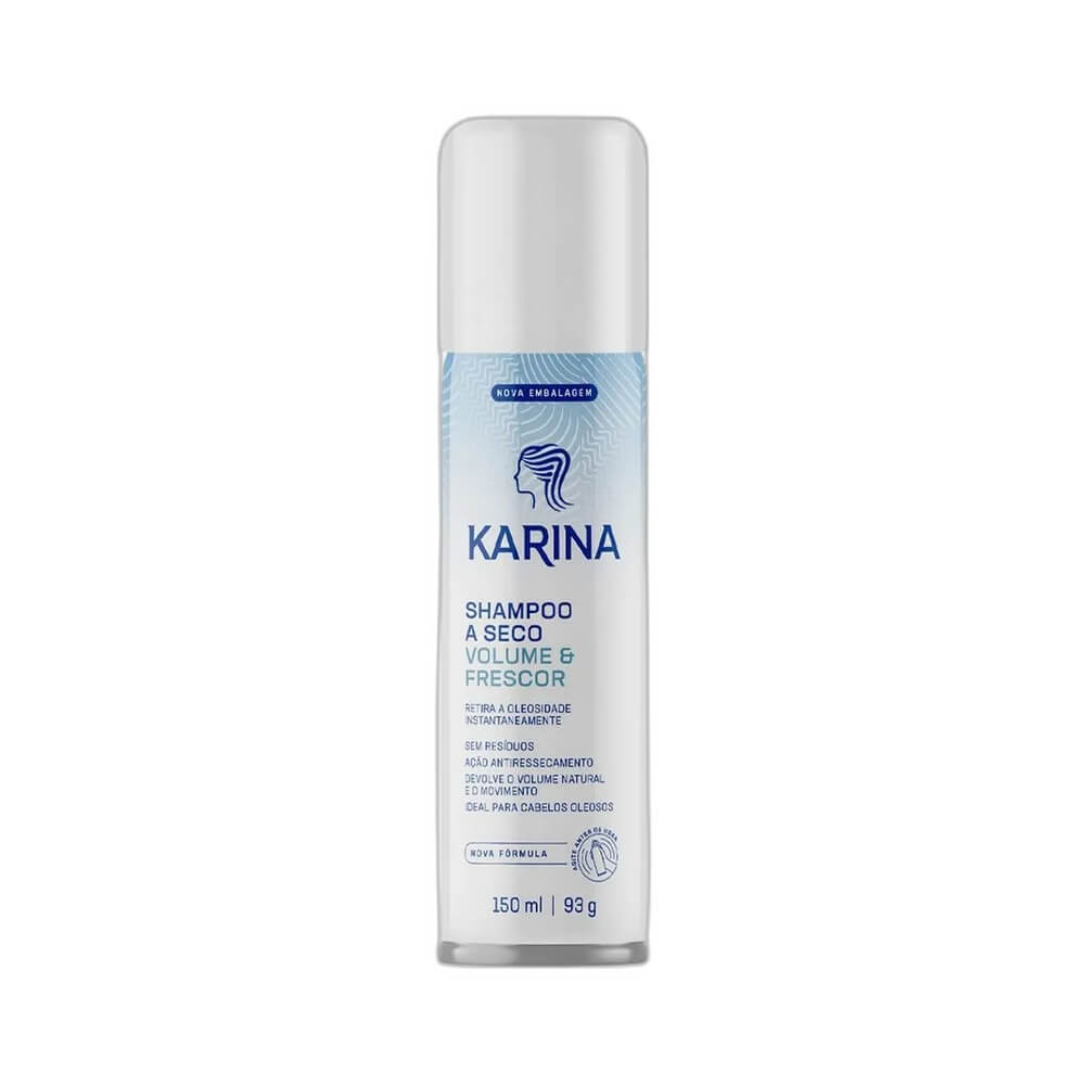Shampoo a Seco Karina Seco Volume e Frescor 150ml embalagem spray branca com detalhes em azul claro